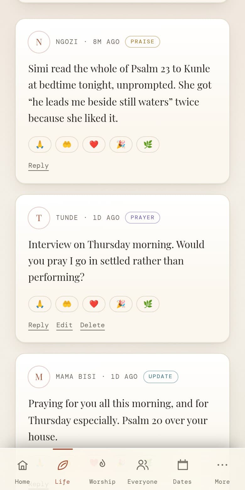The family diary on a phone, showing three posts: a mother recording that her daughter read Psalm 23 to her brother, a father asking for prayer before an interview, and a grandmother replying that she is praying.
