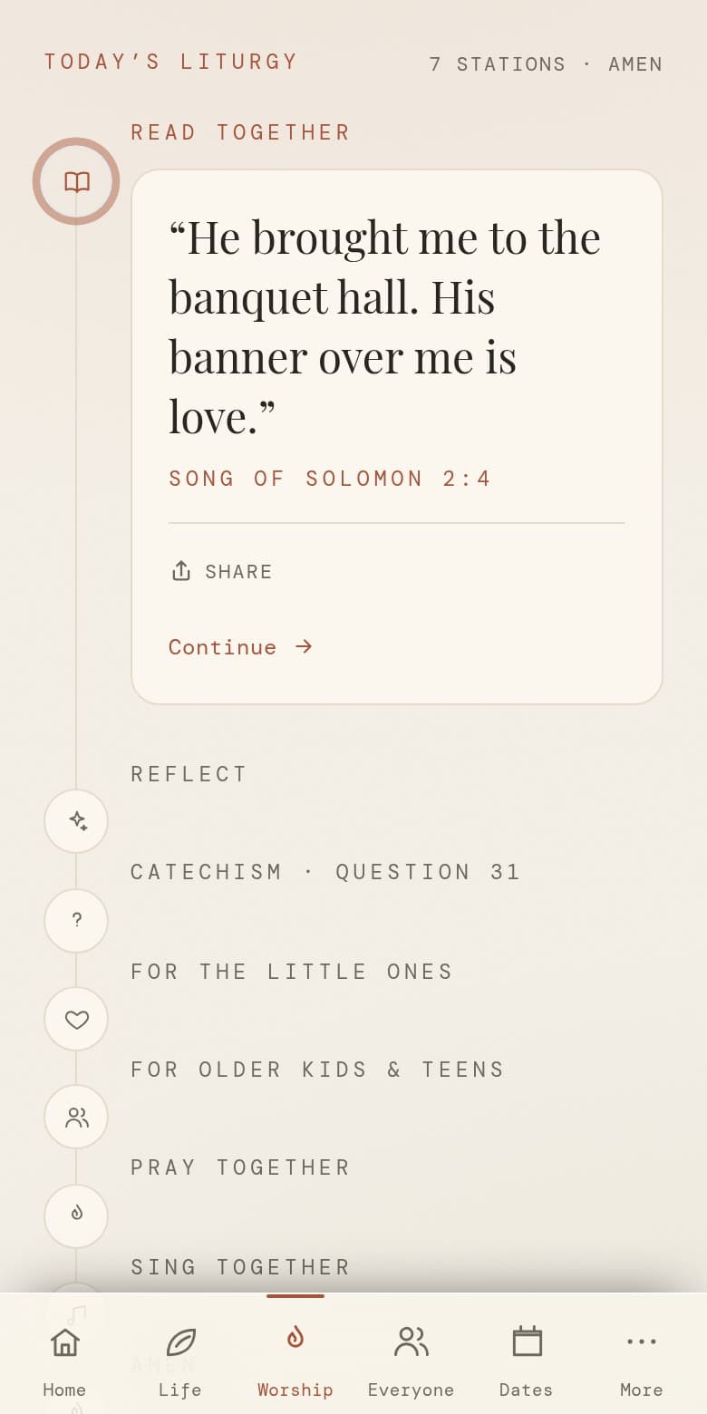 The worship page on a phone, open at the first station: Song of Solomon 2:4 in large type, with the rest of the evening — reflect, catechism, for the little ones, for older kids, pray, sing — listed down the page.